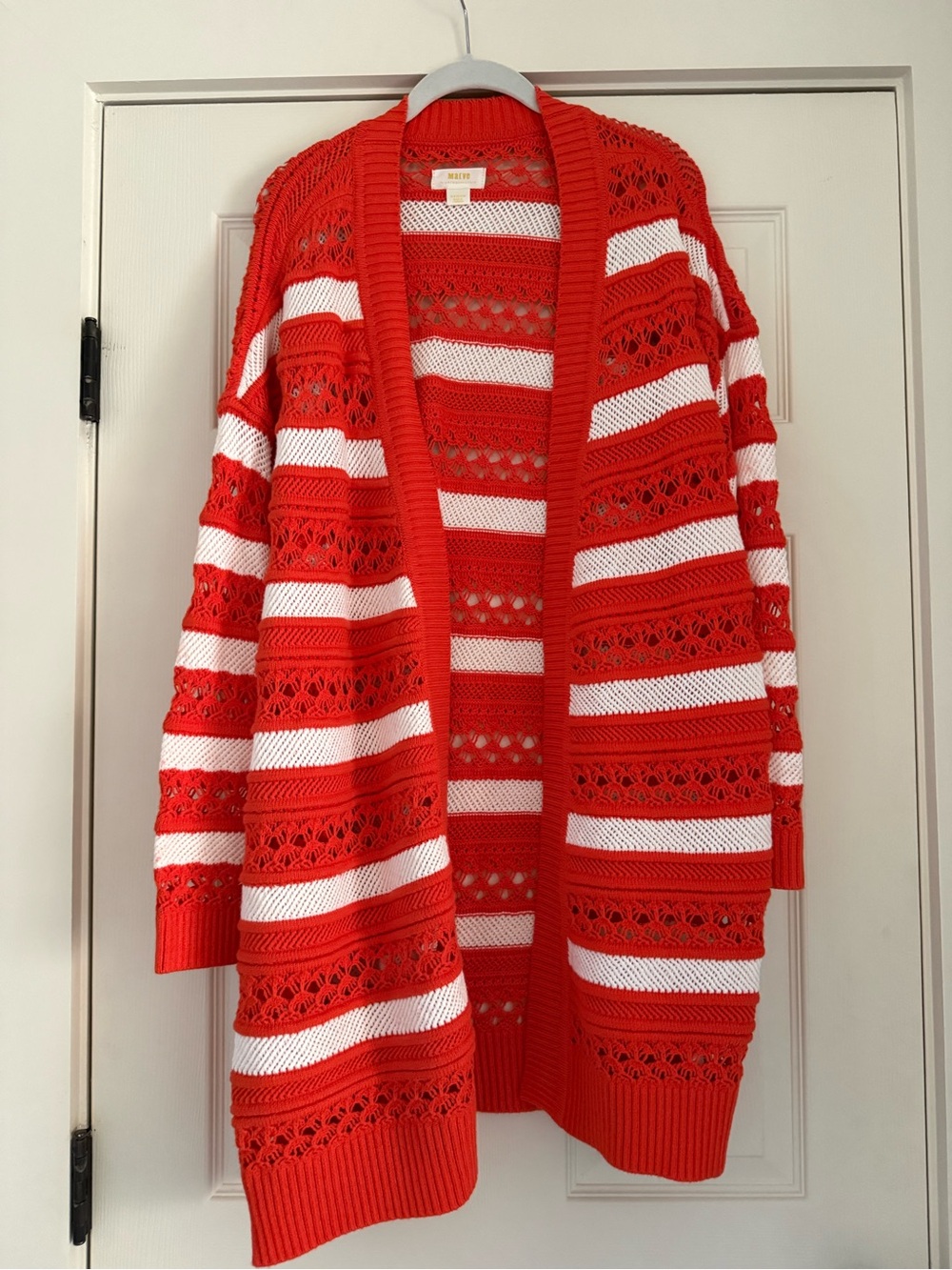 Anthropologie Red and White Striped Crochet Open Cardigan